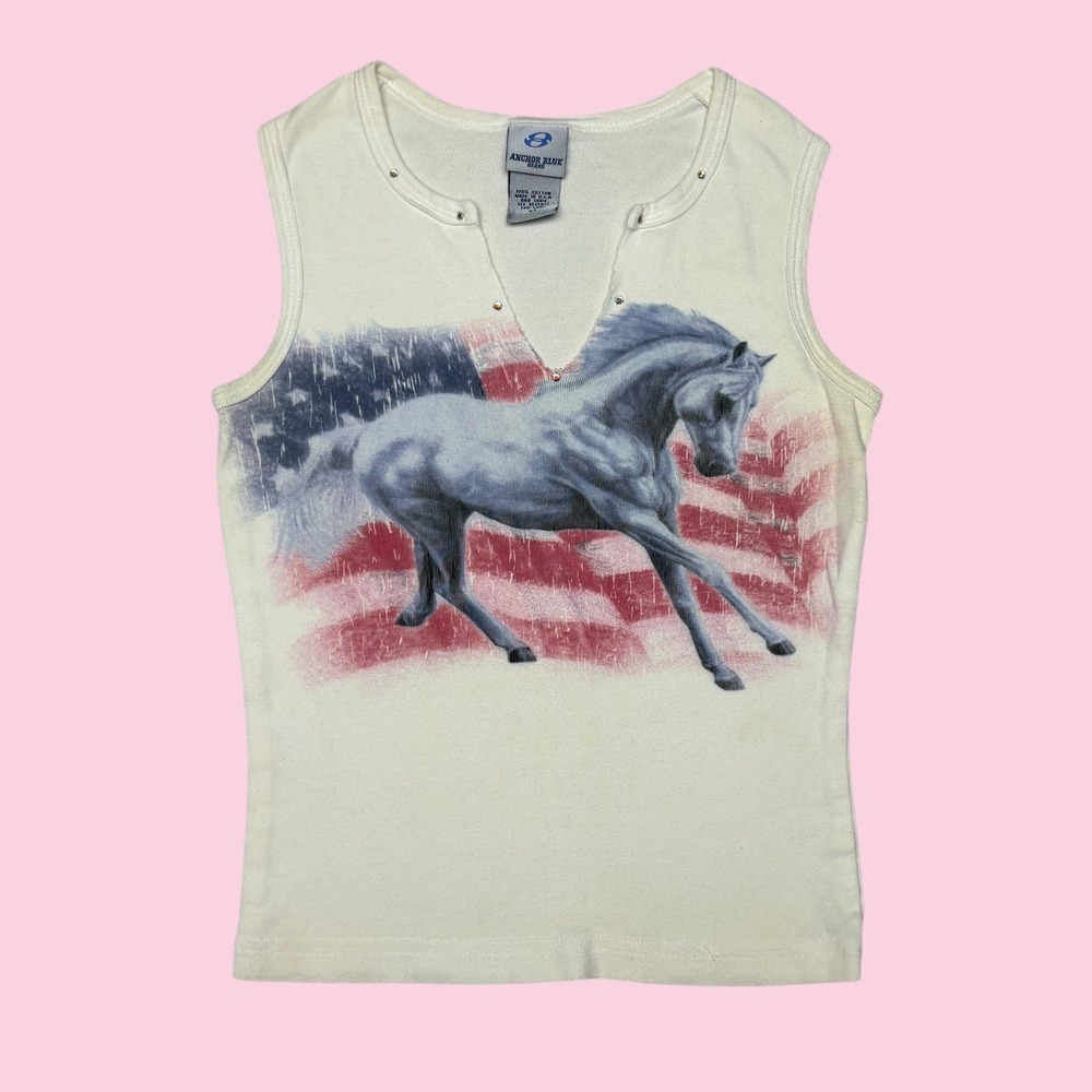 Anchor Blue Horse American Flag Graphic Tank Top Cream Rhinestone V-Neck Medium